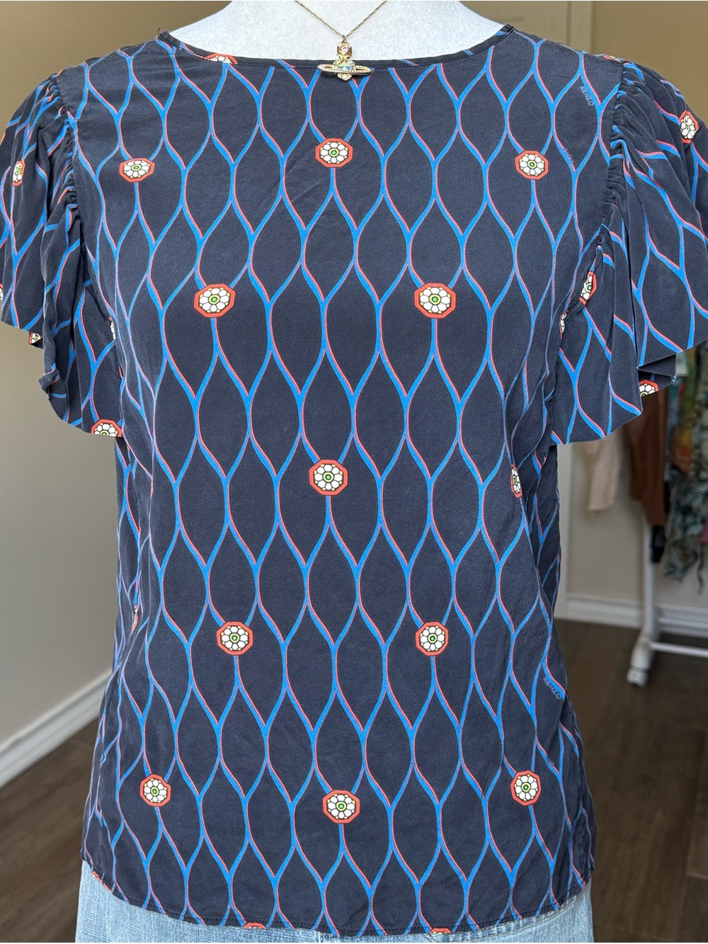 Kenzo Silk Navy Geometric Floral Short Sleeve Women’s Small Western Blouse